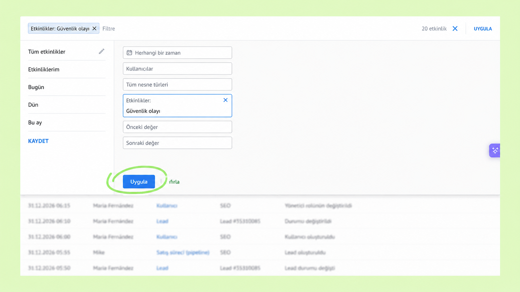 Filter options for events with a focus on security event selection and application.